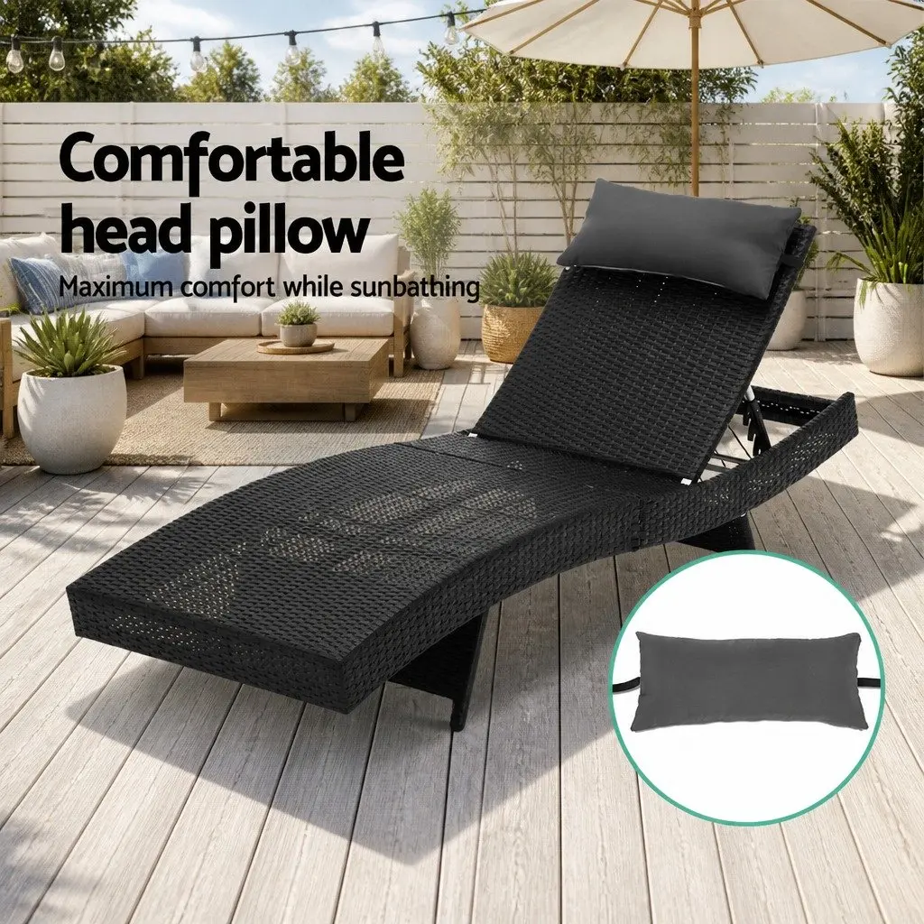 Outdoor Sun Lounge Black Adjustable Backrest Wicker Lounger with Removable Headrest