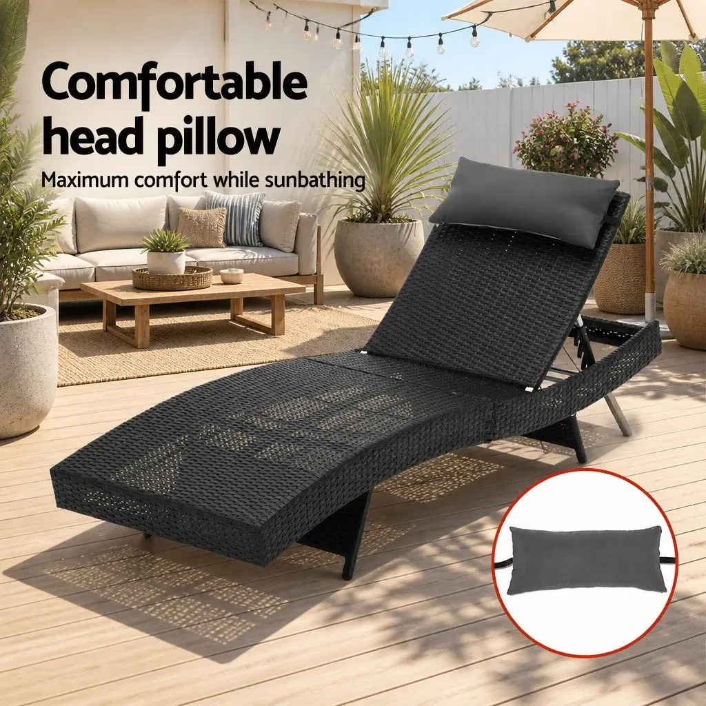 Outdoor Sun Lounge Black Adjustable Backrest Wicker Lounger with Removable Headrest