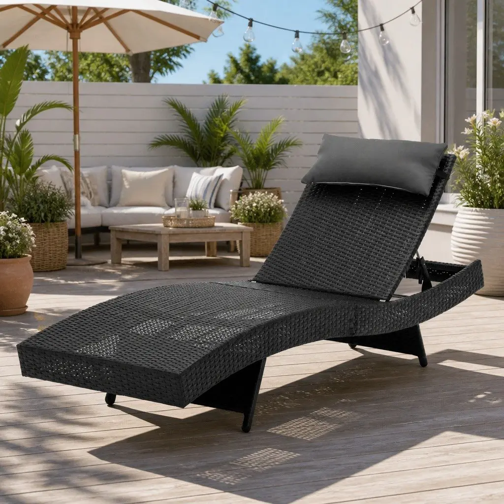 Outdoor Sun Lounge Black Adjustable Backrest Wicker Lounger with Removable Headrest