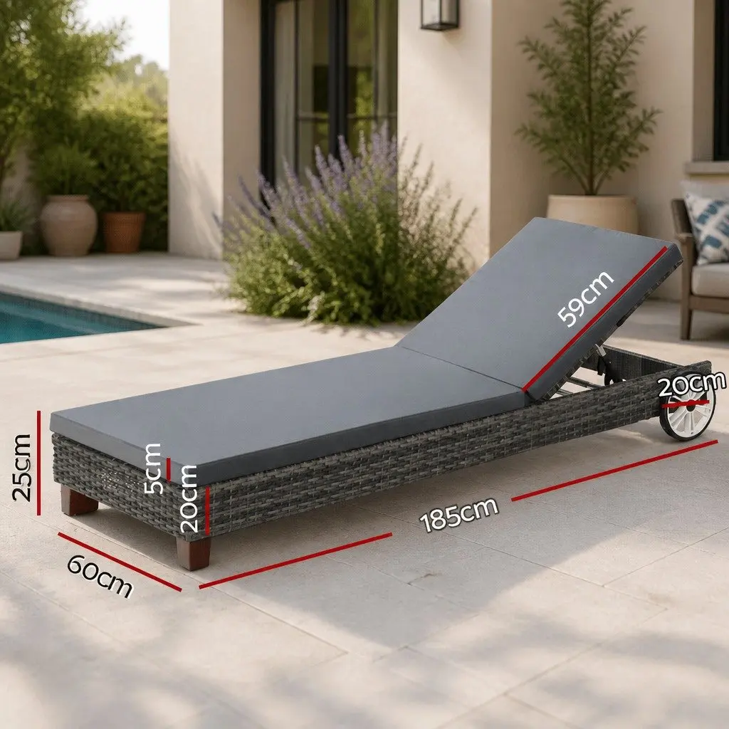 Outdoor Sun Lounger Grey Adjustable Backrest Heavy-Duty Aluminium Frame with Wheels
