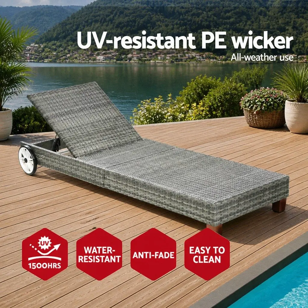 Outdoor Sun Lounger Grey Adjustable Backrest Heavy-Duty Aluminium Frame with Wheels