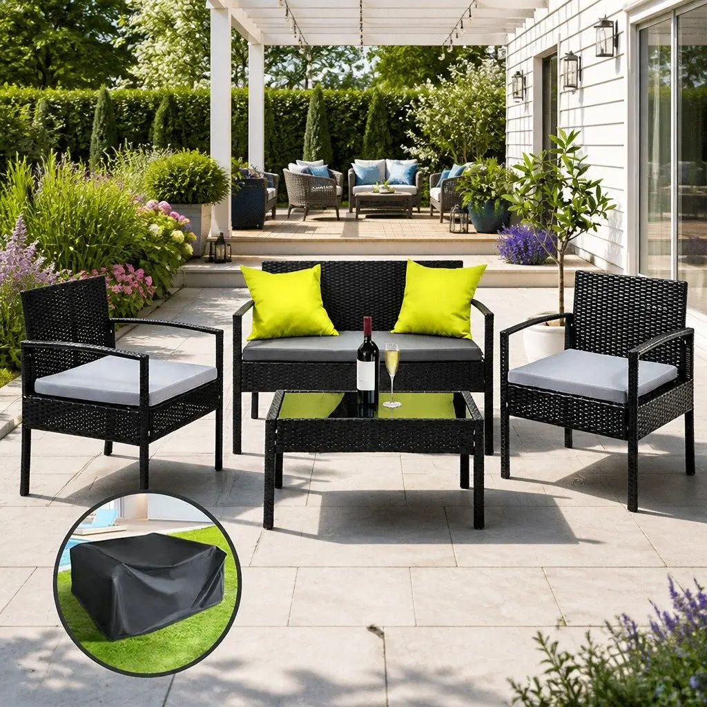 Outdoor Sofa Set Black Grey Beige 4 Seater Wicker Lounge Chairs Table with Storage Cover