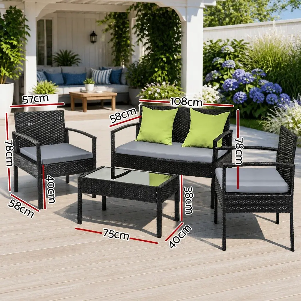 Outdoor Sofa Set Black Grey Beige 4 Seater Wicker Lounge Chairs Table with Storage Cover
