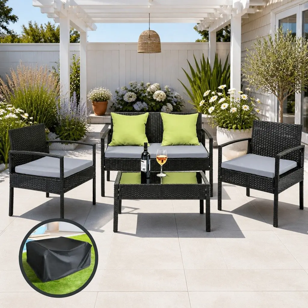 Outdoor Sofa Set Black Grey Beige 4 Seater Wicker Lounge Chairs Table with Storage Cover