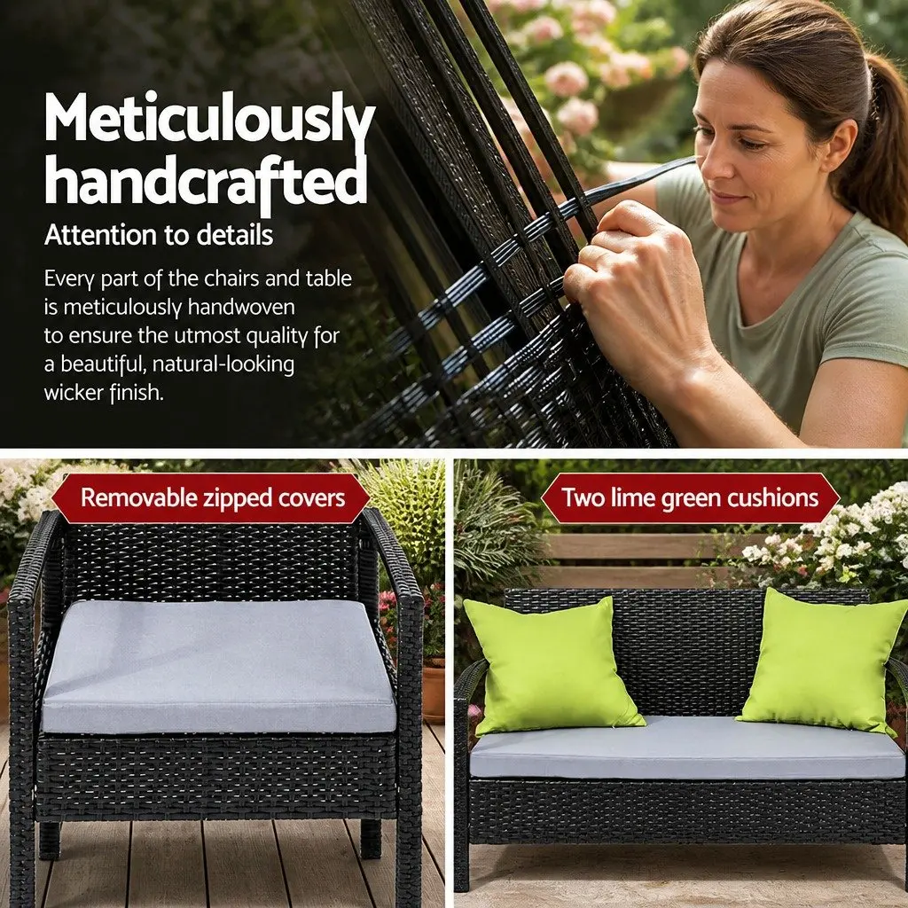 Outdoor Patio Sofa Set Black Lime Green 4 Seater Wicker Lounge Chairs Coffee Table