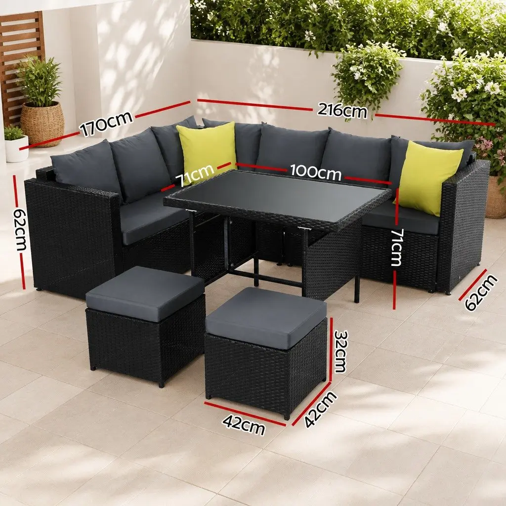 Outdoor Dining Sofa Set Black Wicker Aluminum Frame Modular Seating Cushioned Table