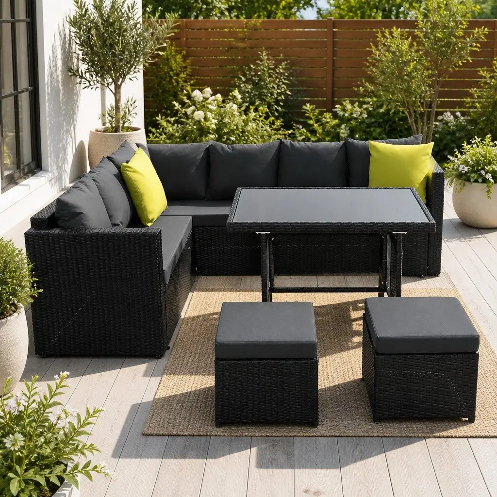 Outdoor Dining Sofa Set Black Wicker Aluminum Frame Modular Seating Cushioned Table
