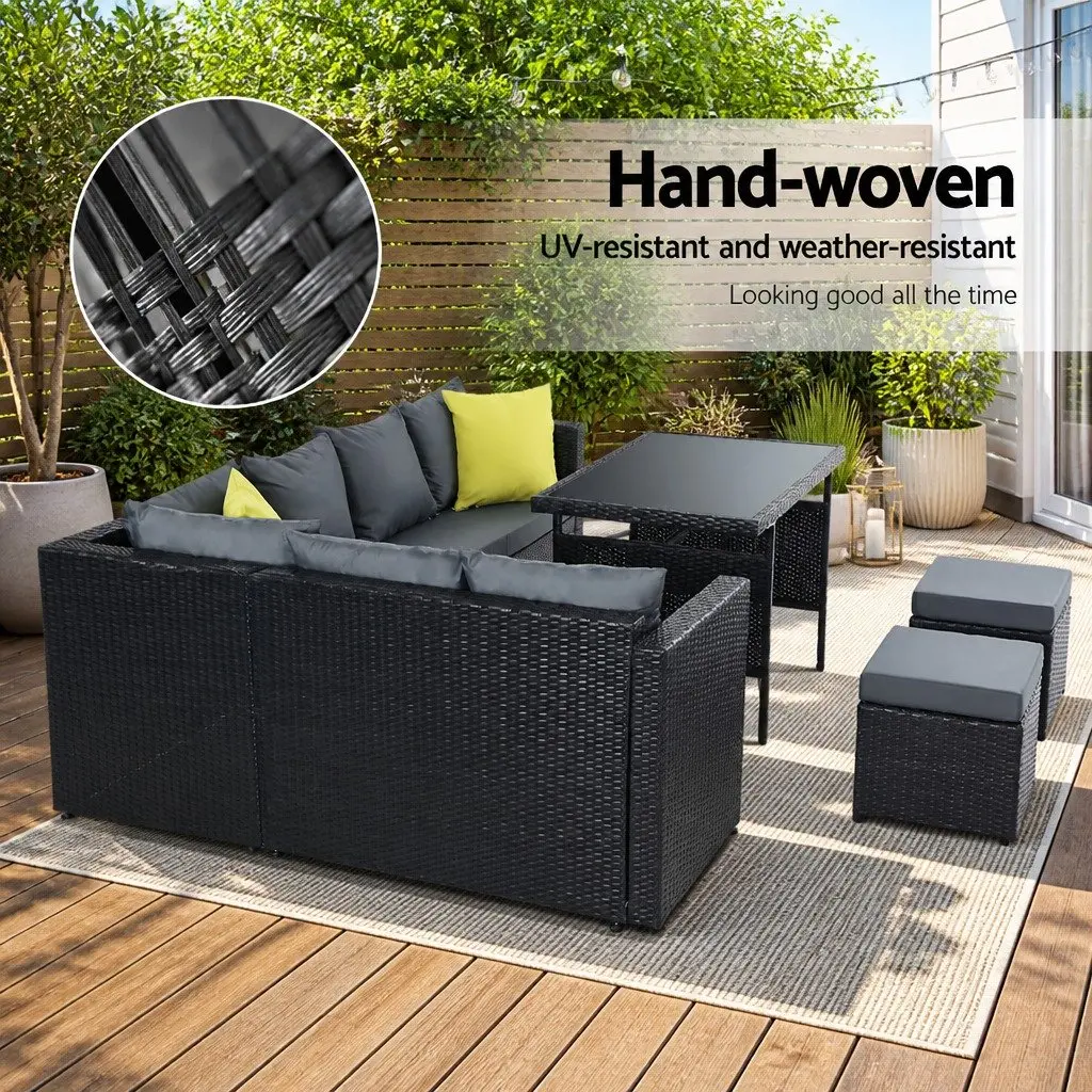 Outdoor Dining Sofa Set Black Wicker Aluminum Frame Modular Seating Cushioned Table