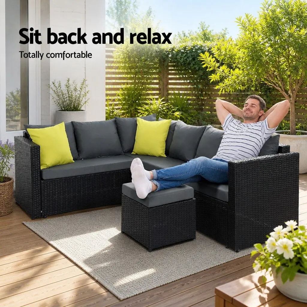 Outdoor Dining Sofa Set Black Wicker Aluminum Frame Modular Seating Cushioned Table