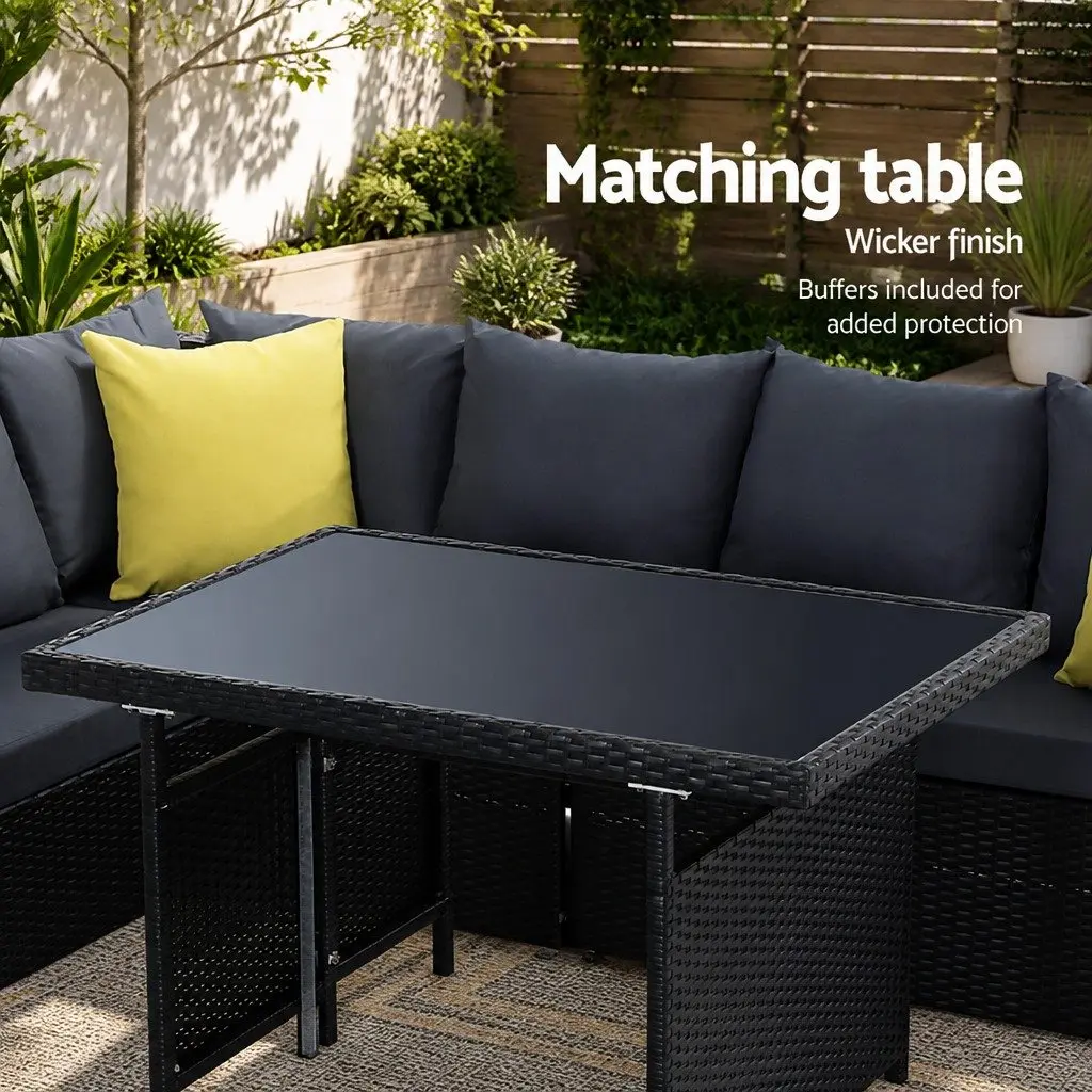 Outdoor Dining Sofa Set Black Wicker Aluminum Frame Modular Seating Cushioned Table