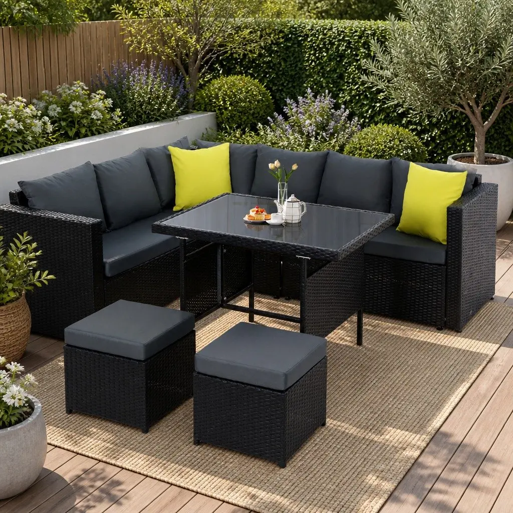Outdoor Dining Sofa Set Black Wicker Aluminum Frame Modular Seating Cushioned Table