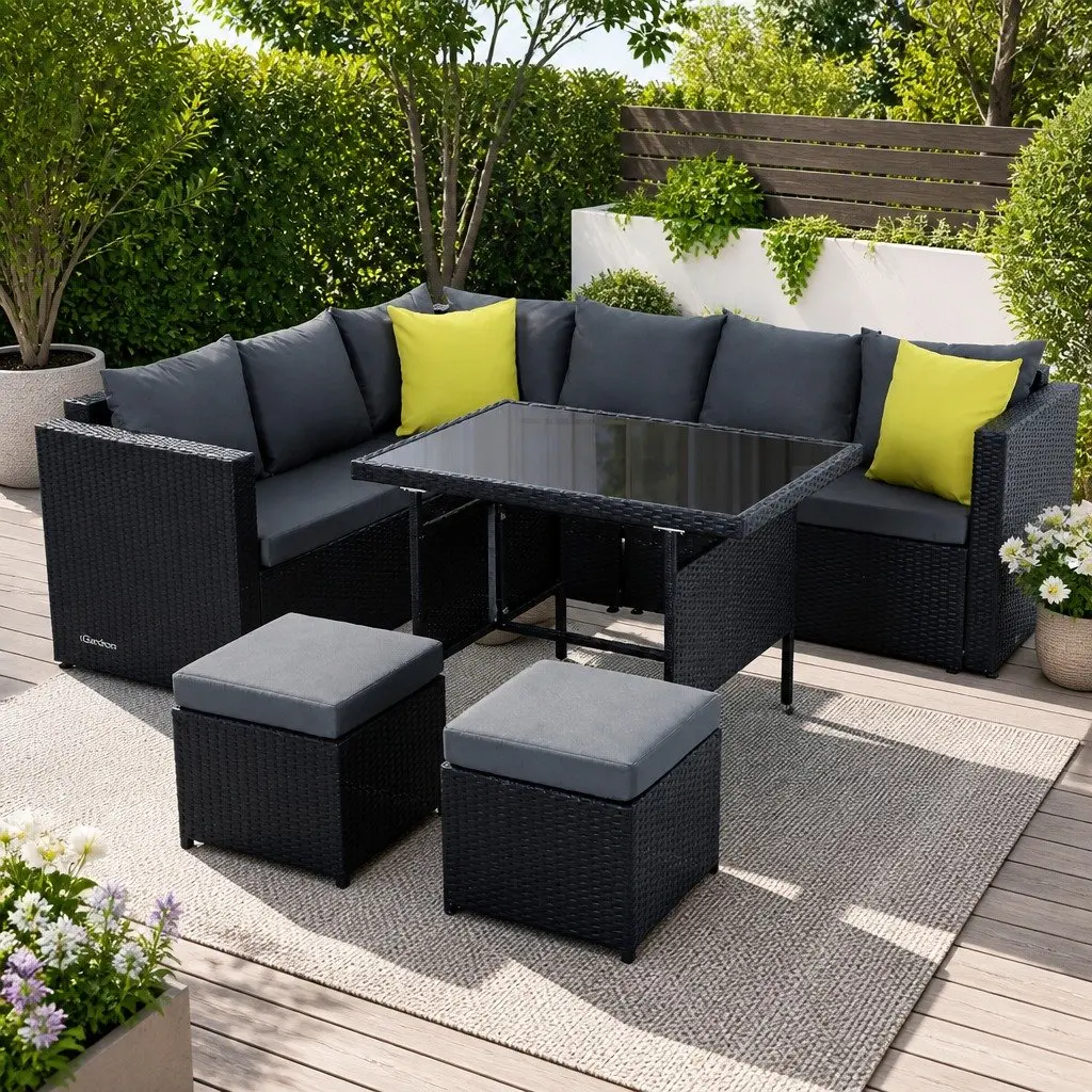 Outdoor Dining Sofa Set Black Wicker Aluminum Frame Modular Seating Cushioned Table