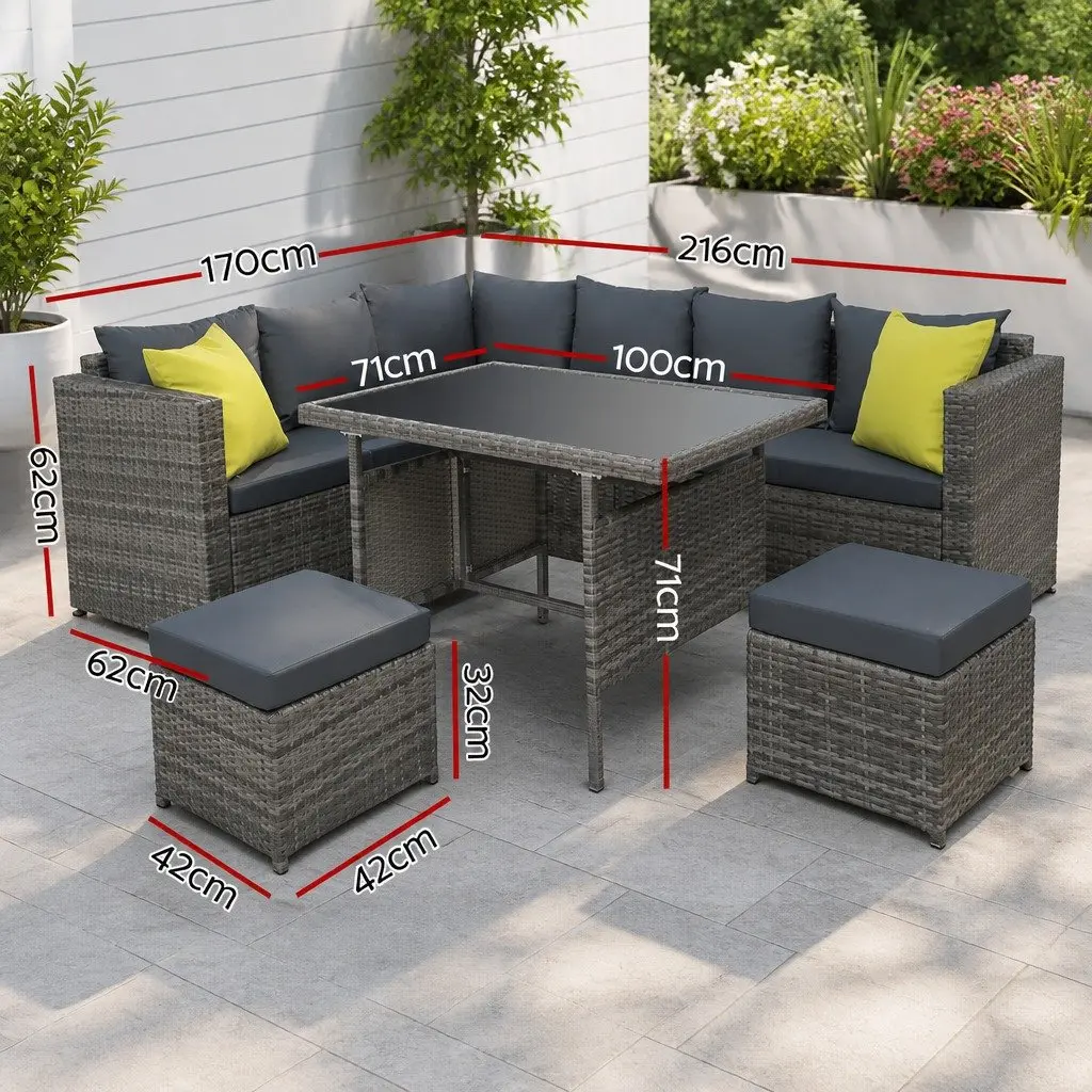 Outdoor Dining Sofa Set Grey Wicker Aluminum Frame Table Chairs Garden Furniture