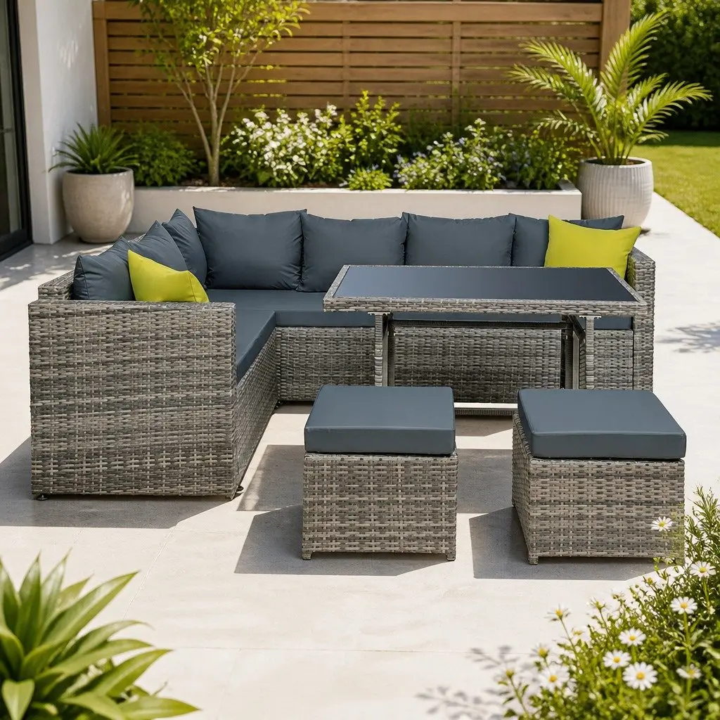 Outdoor Dining Sofa Set Grey Wicker Aluminum Frame Table Chairs Garden Furniture