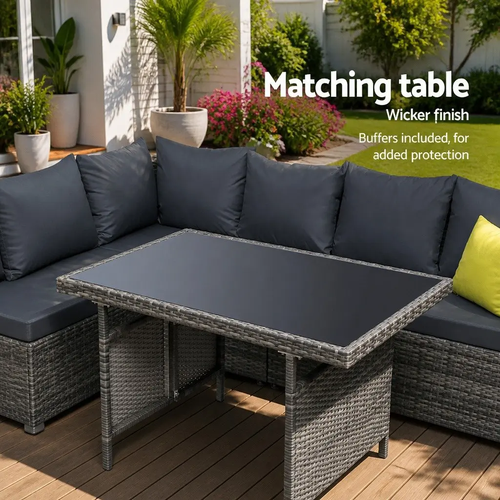 Outdoor Dining Sofa Set Grey Wicker Aluminum Frame Table Chairs Garden Furniture
