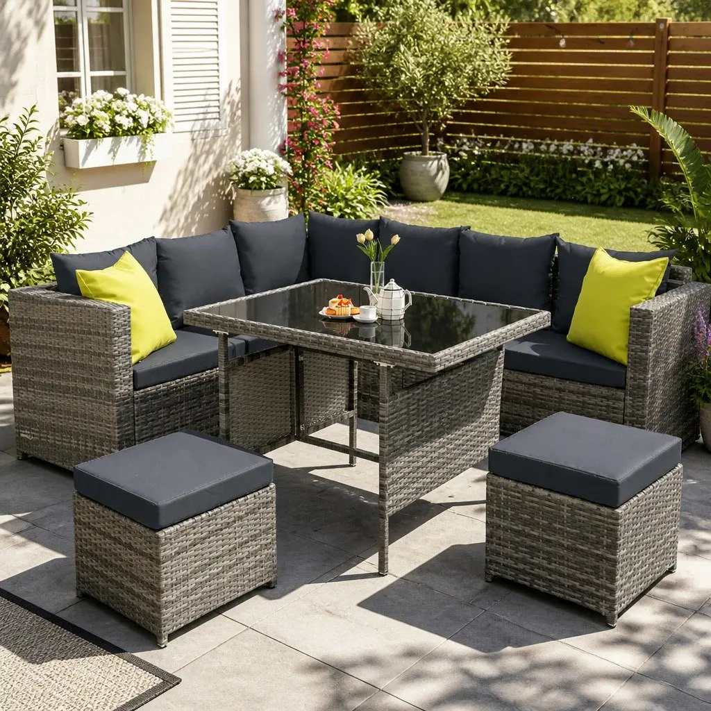 Outdoor Dining Sofa Set Grey Wicker Aluminum Frame Table Chairs Garden Furniture