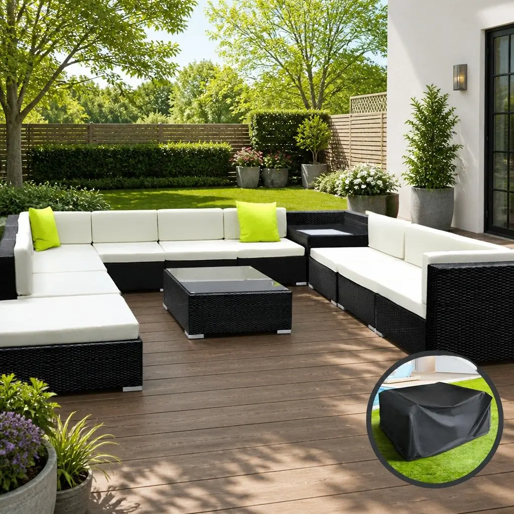 12 Piece Outdoor Wicker Sofa Set with Storage Cover Black Lounge Furniture