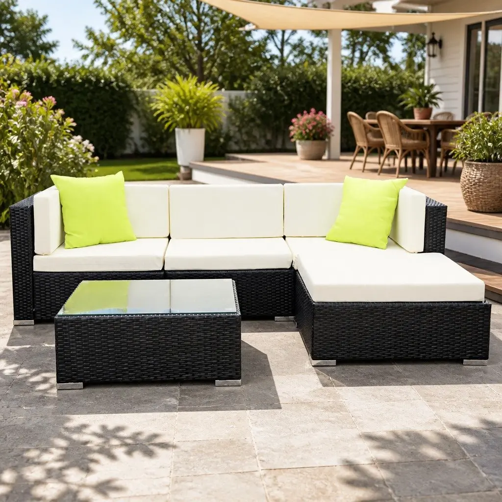 5 Piece Outdoor Sofa Set Black Wicker Lounge Couch with High Density Foam Cushions for Garden Furniture