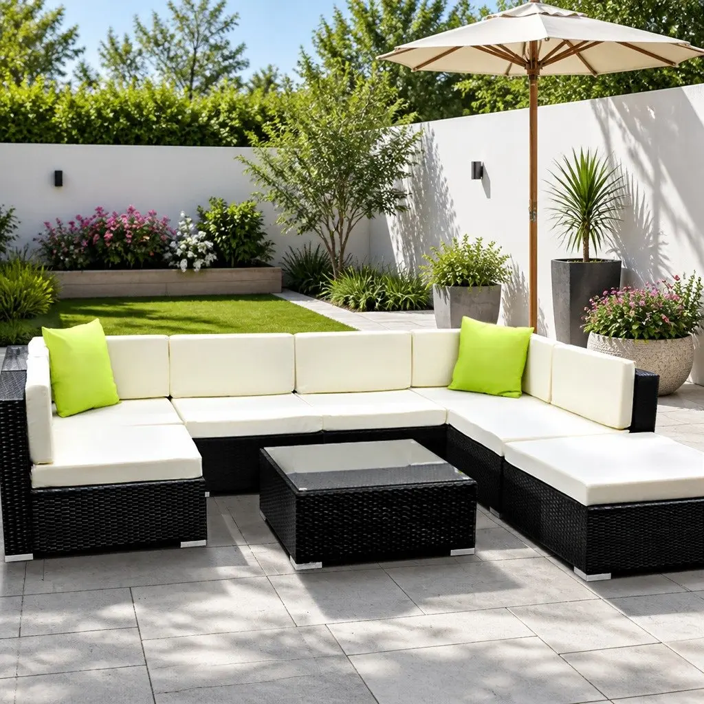 Outdoor Sofa Set Black 8 Piece Wicker Lounge Setting 7 Seater Garden Furniture