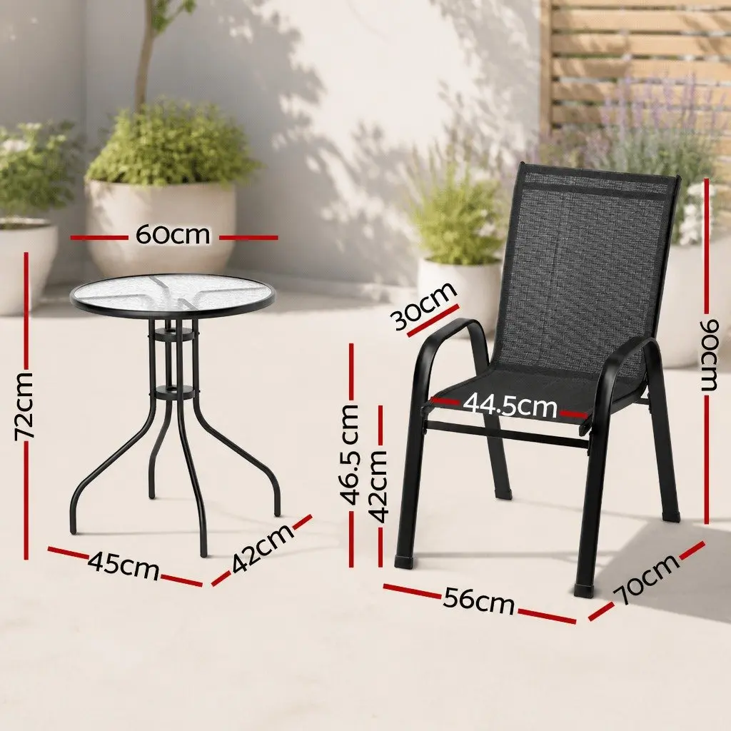 5PC Bistro Set Black Stackable Chairs and Table Tempered Glass Outdoor Garden