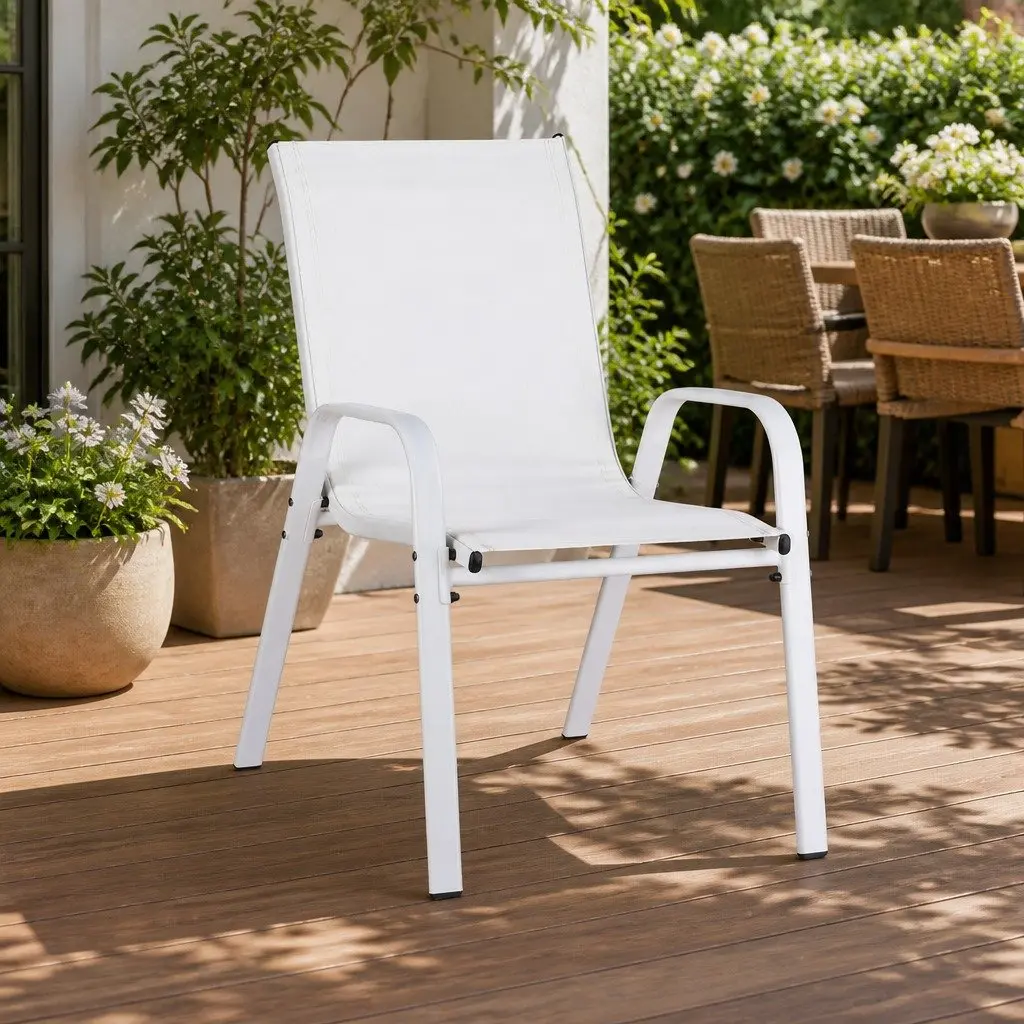 Outdoor Dining Chairs White Set 6PC Stackable Steel Frame Weather-Resistant Textilene Fabric