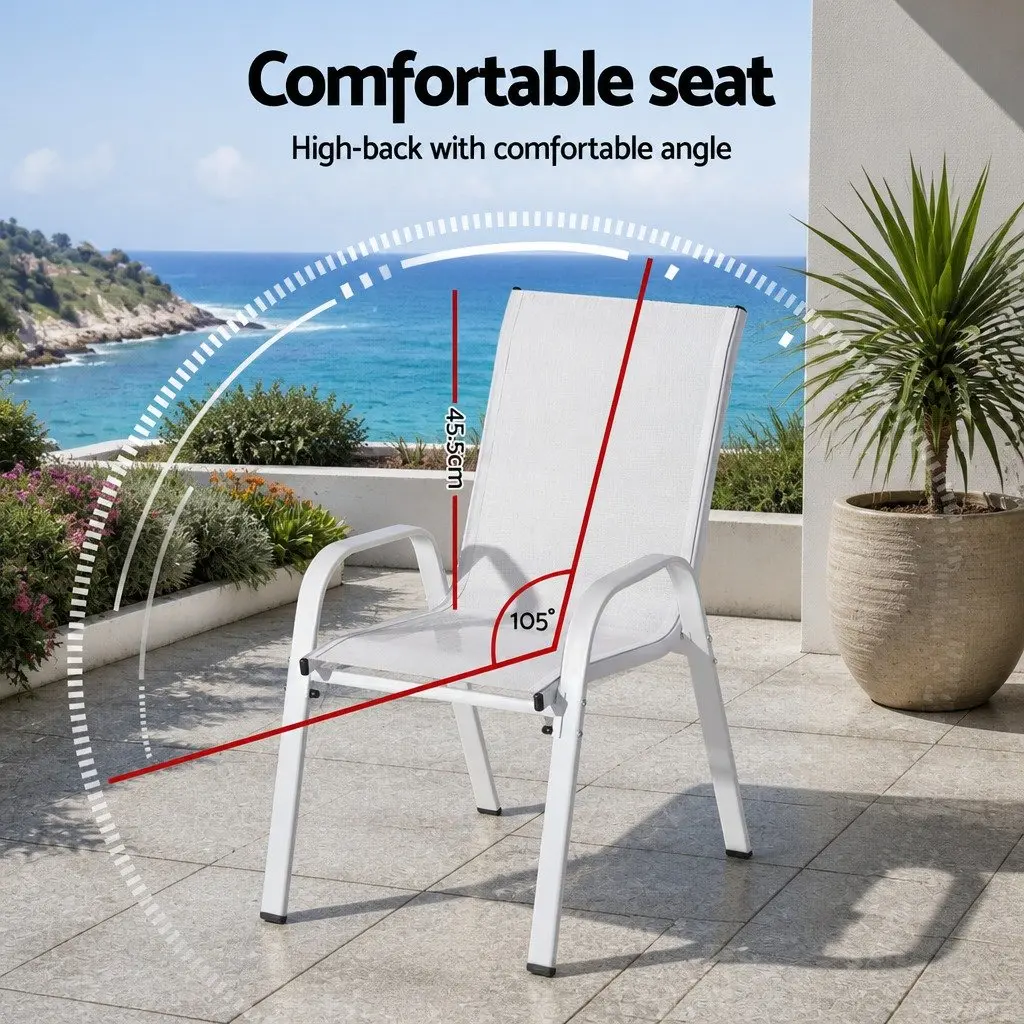 Outdoor Dining Chairs White Set 6PC Stackable Steel Frame Weather-Resistant Textilene Fabric