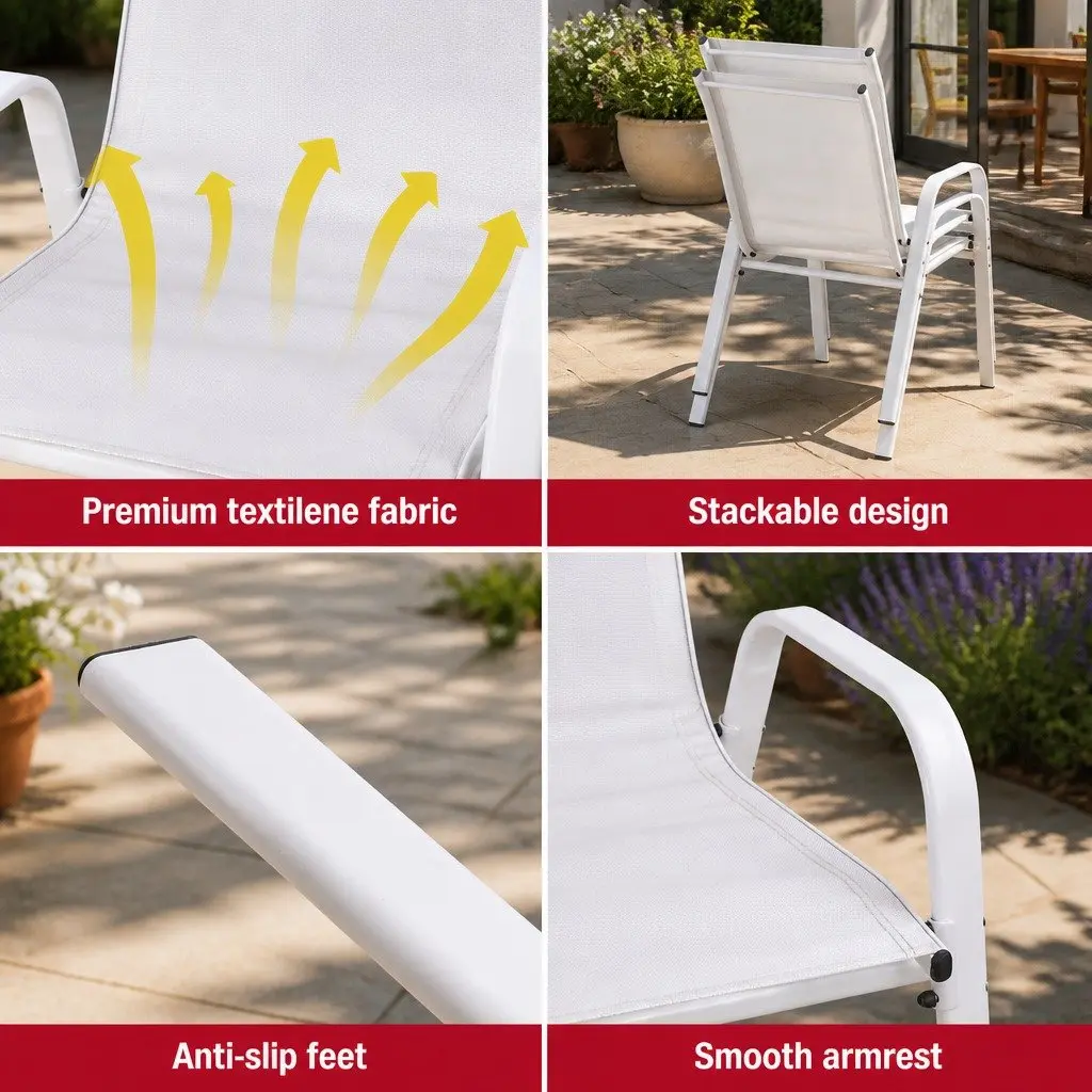 Outdoor Dining Chairs White Set 6PC Stackable Steel Frame Weather-Resistant Textilene Fabric