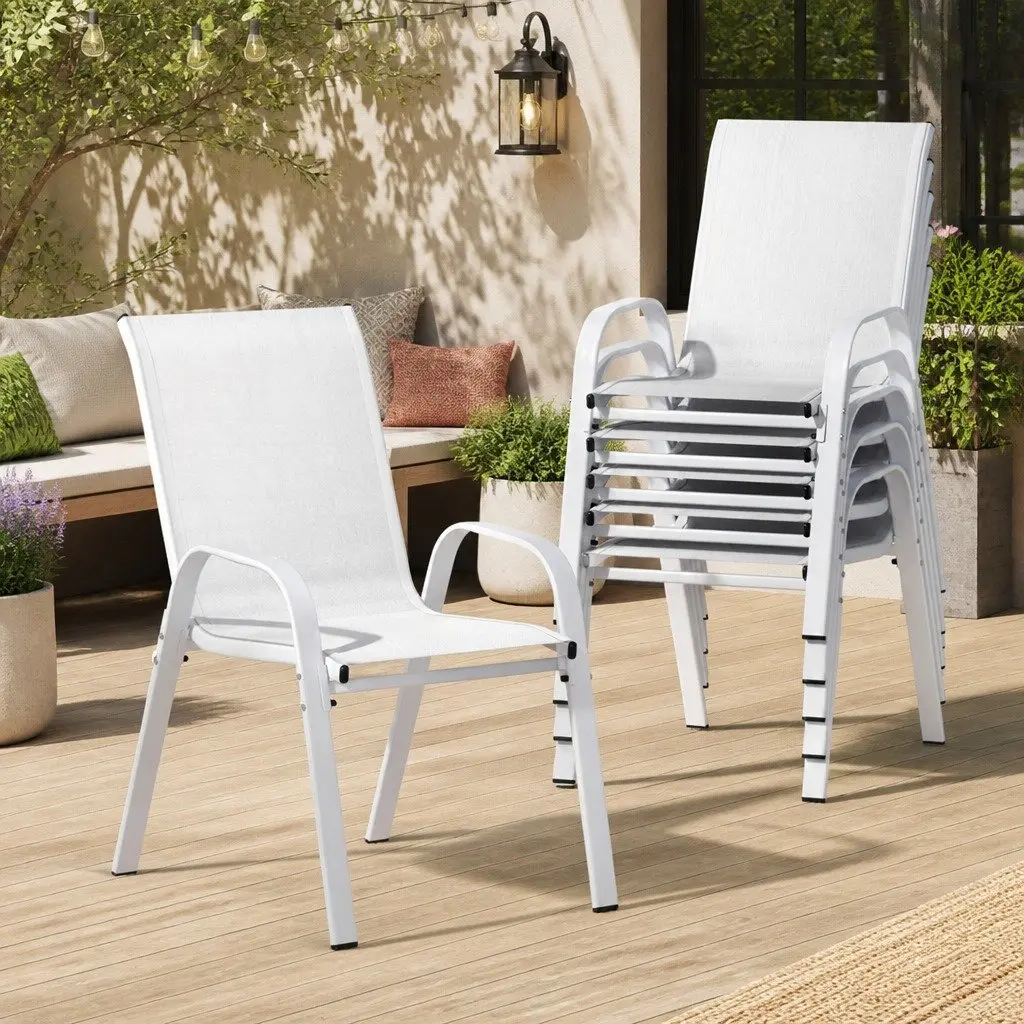 Outdoor Dining Chairs White Set 6PC Stackable Steel Frame Weather-Resistant Textilene Fabric
