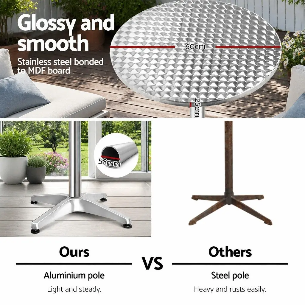 Outdoor Bar Table Silver 60cm Round Adjustable Height 70cm 110cm Foldable Portable Set of 2