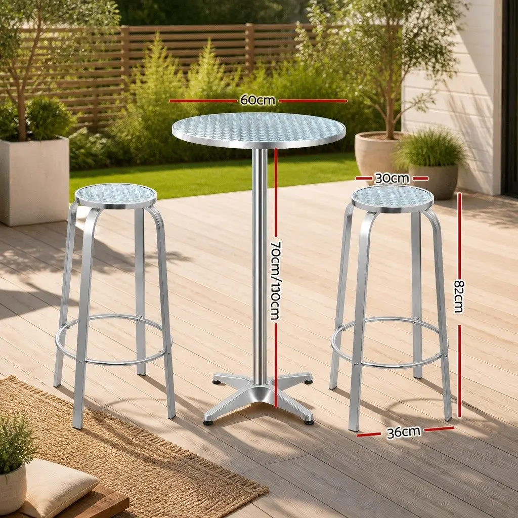 Outdoor Bar Set Silver 3-Piece Height-Adjustable Round Table and Stools