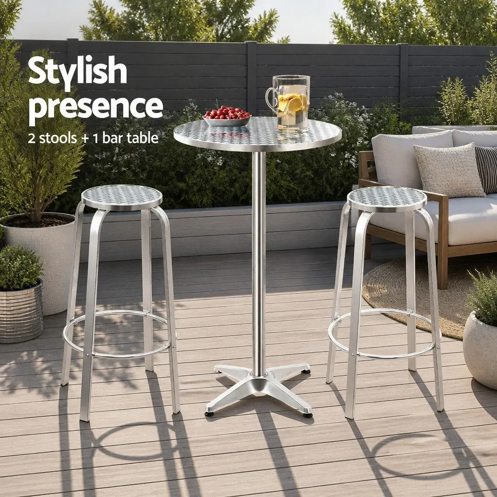 Outdoor Bar Set Silver 3-Piece Height-Adjustable Round Table and Stools