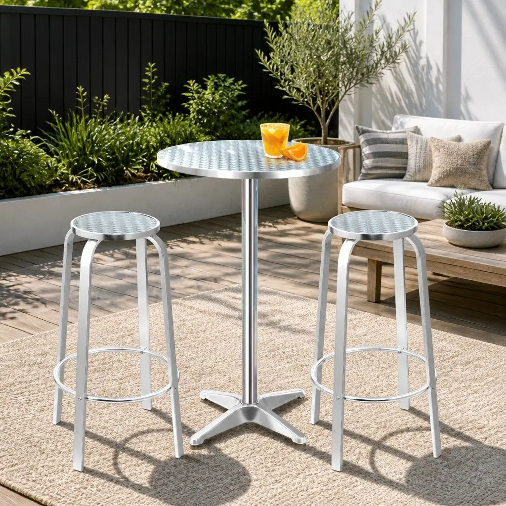 Outdoor Bar Set Silver 3-Piece Height-Adjustable Round Table and Stools