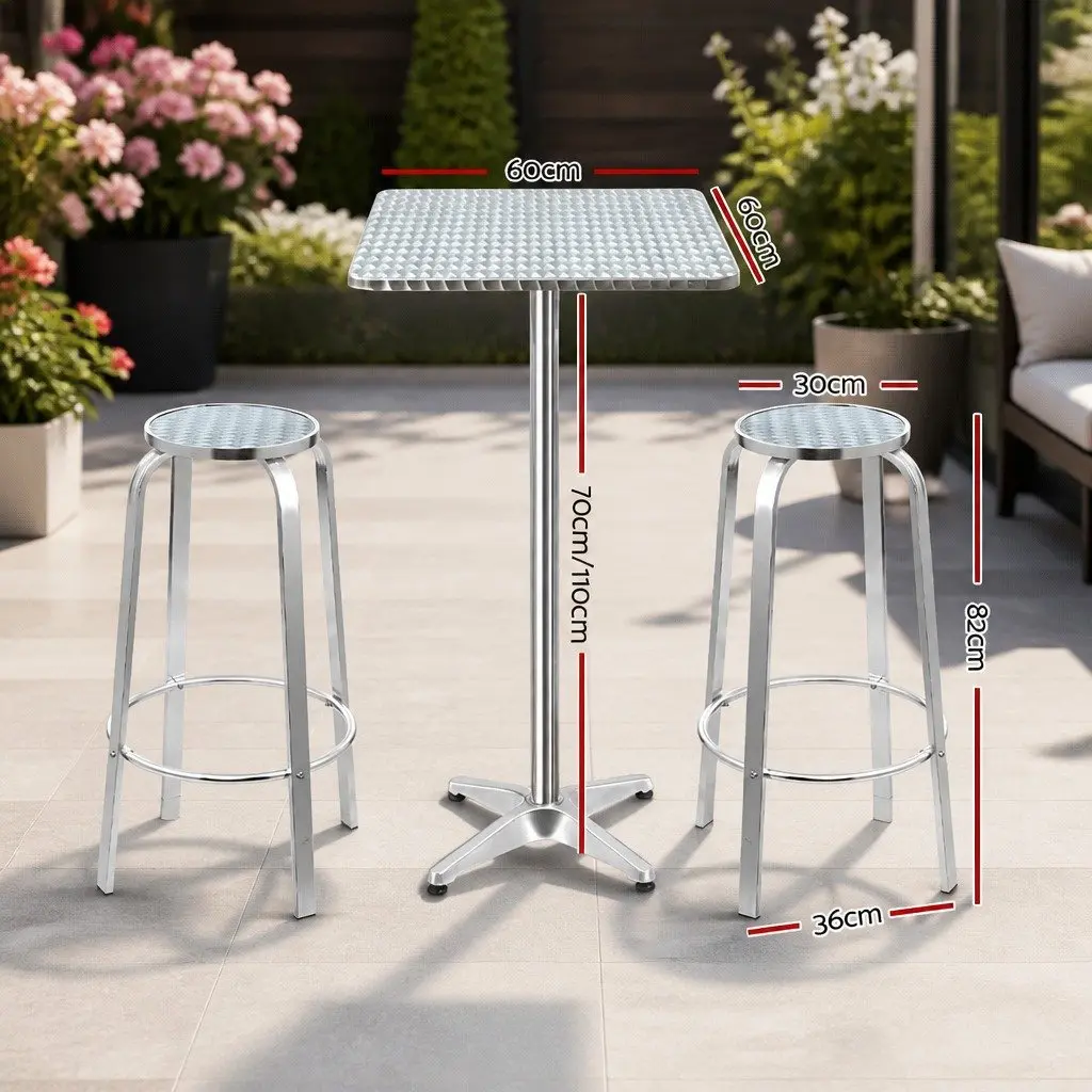 3-Piece Outdoor Bar Set Silver Height Adjustable Bistro Table with 2 Stools