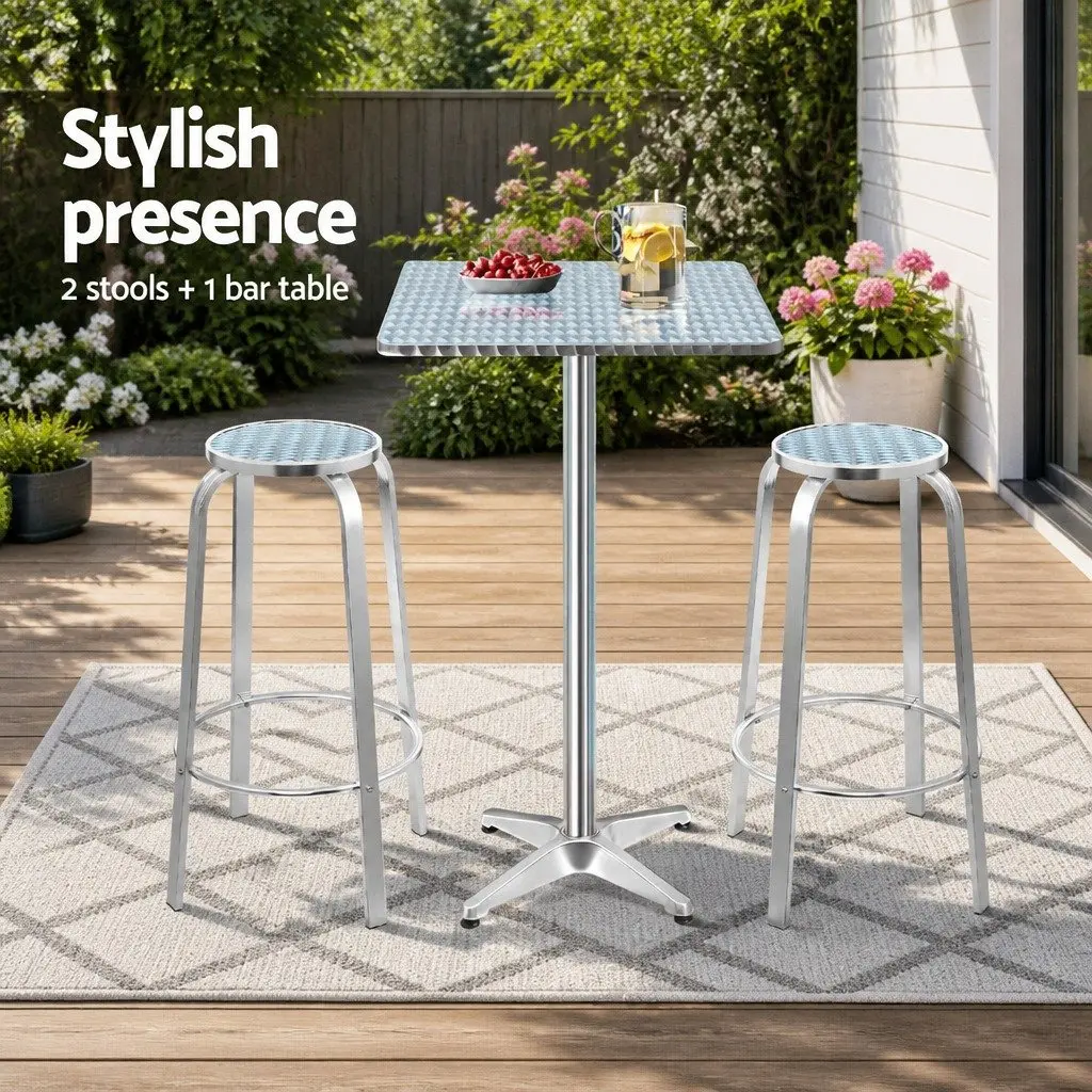 3-Piece Outdoor Bar Set Silver Height Adjustable Bistro Table with 2 Stools