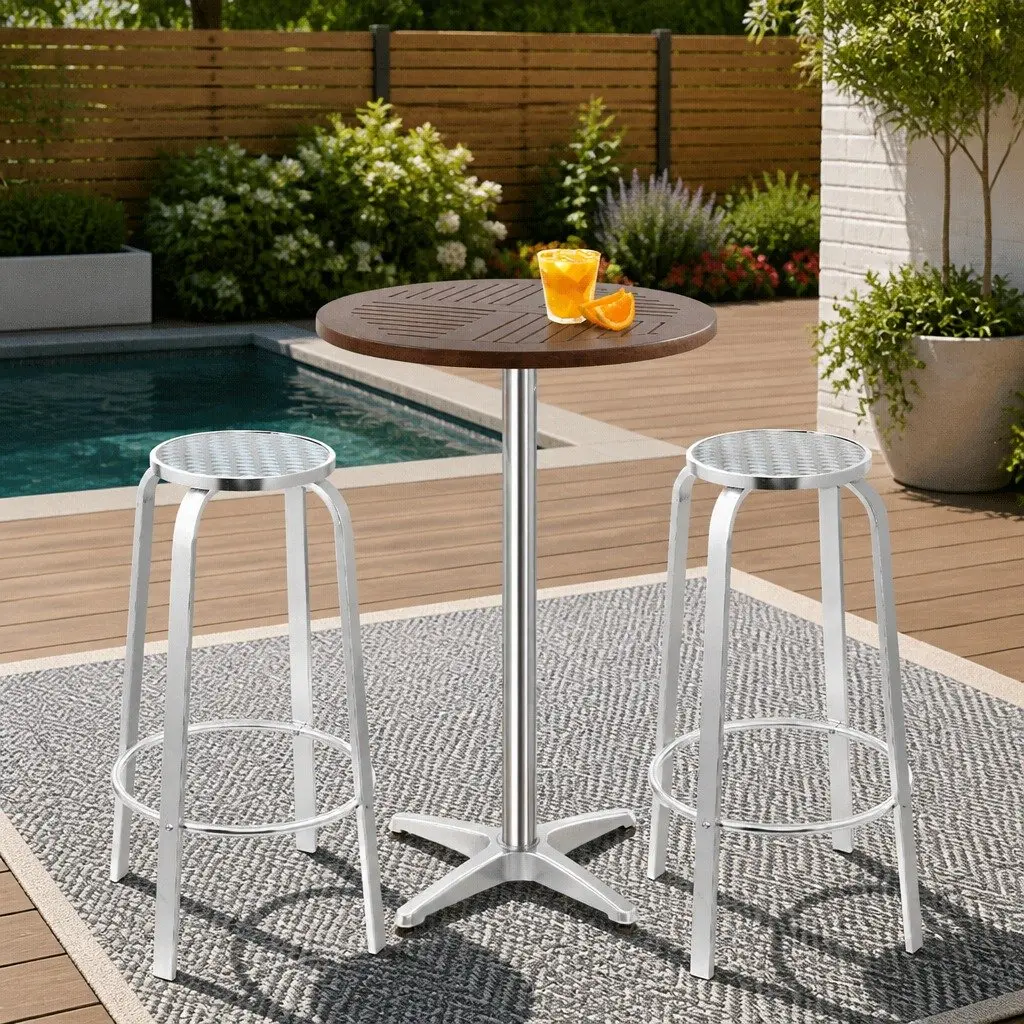 3-Piece Outdoor Bar Set Silver Height Adjustable Bistro Table with 2 Stools