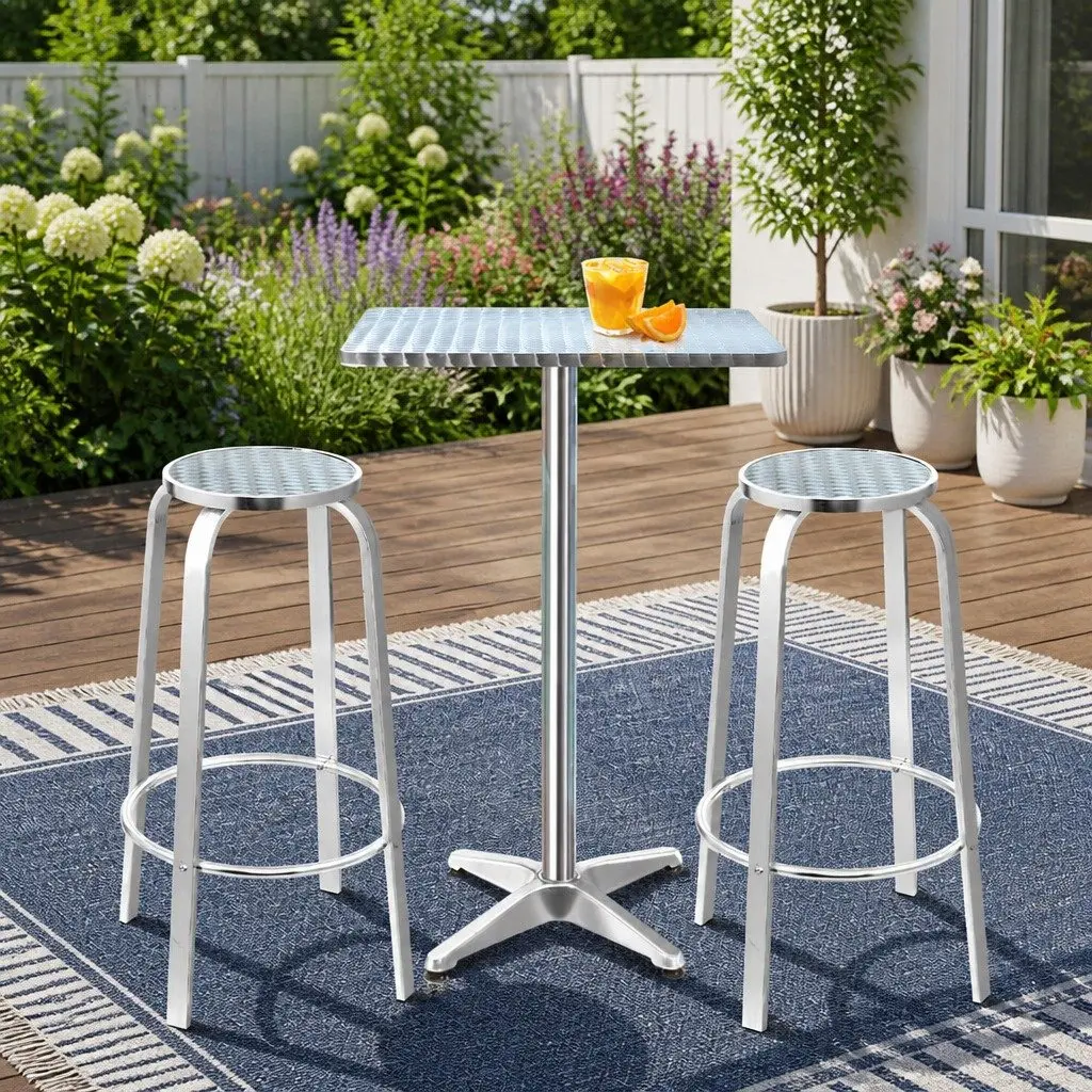 3-Piece Outdoor Bar Set Silver Height Adjustable Bistro Table with 2 Stools