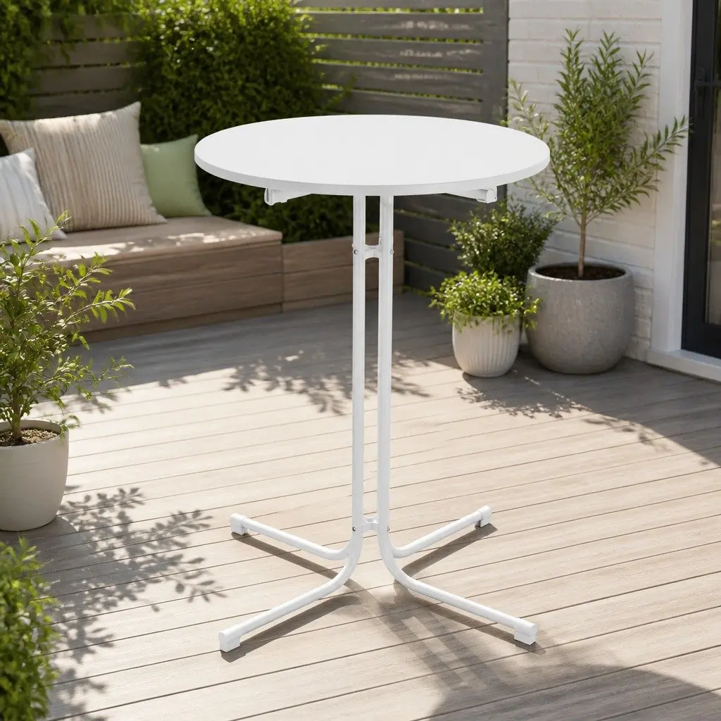 Round Folding Bar Table White 80cm Smooth MDF Top Sturdy Steel Frame 109cm High