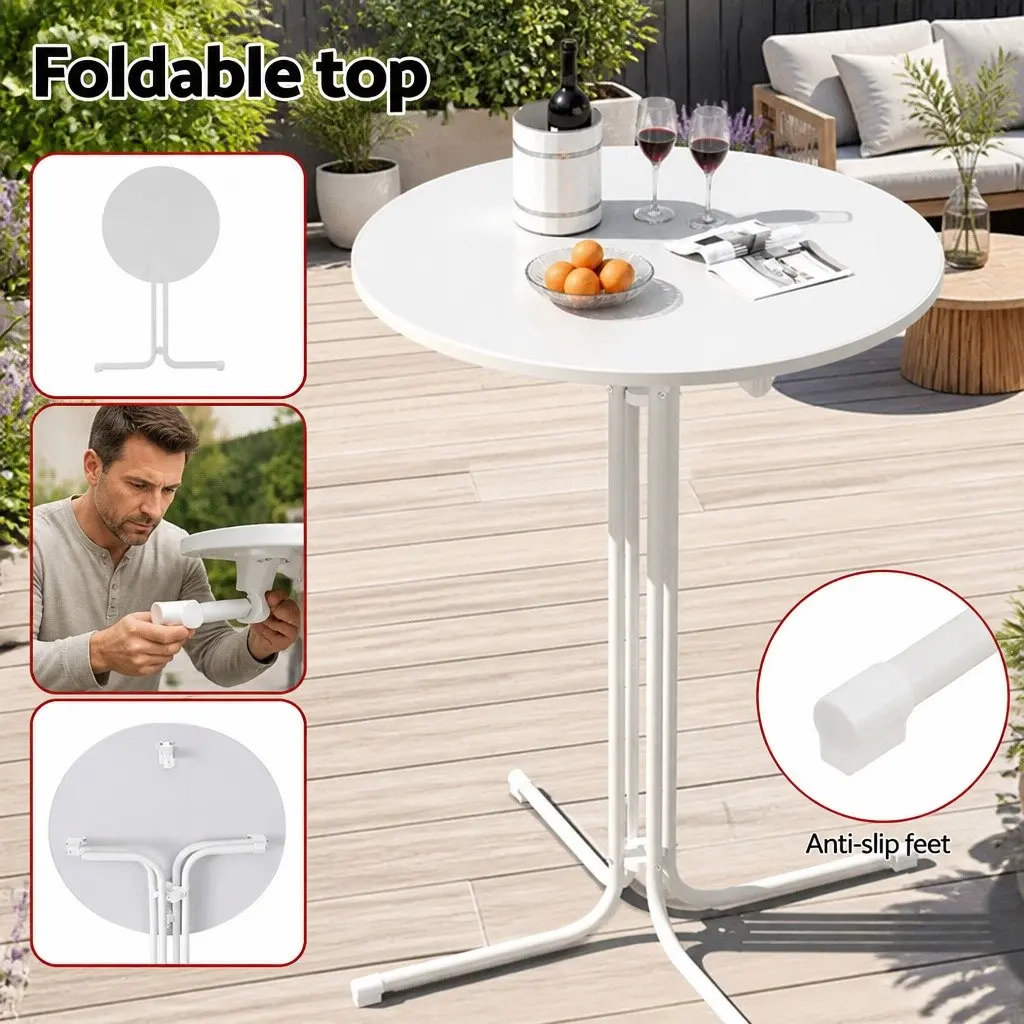 Round Folding Bar Table White 80cm Smooth MDF Top Sturdy Steel Frame 109cm High