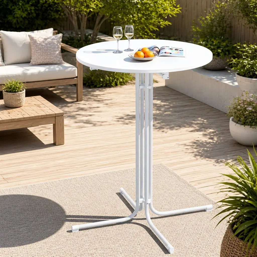 Round Folding Bar Table White 80cm Smooth MDF Top Sturdy Steel Frame 109cm High