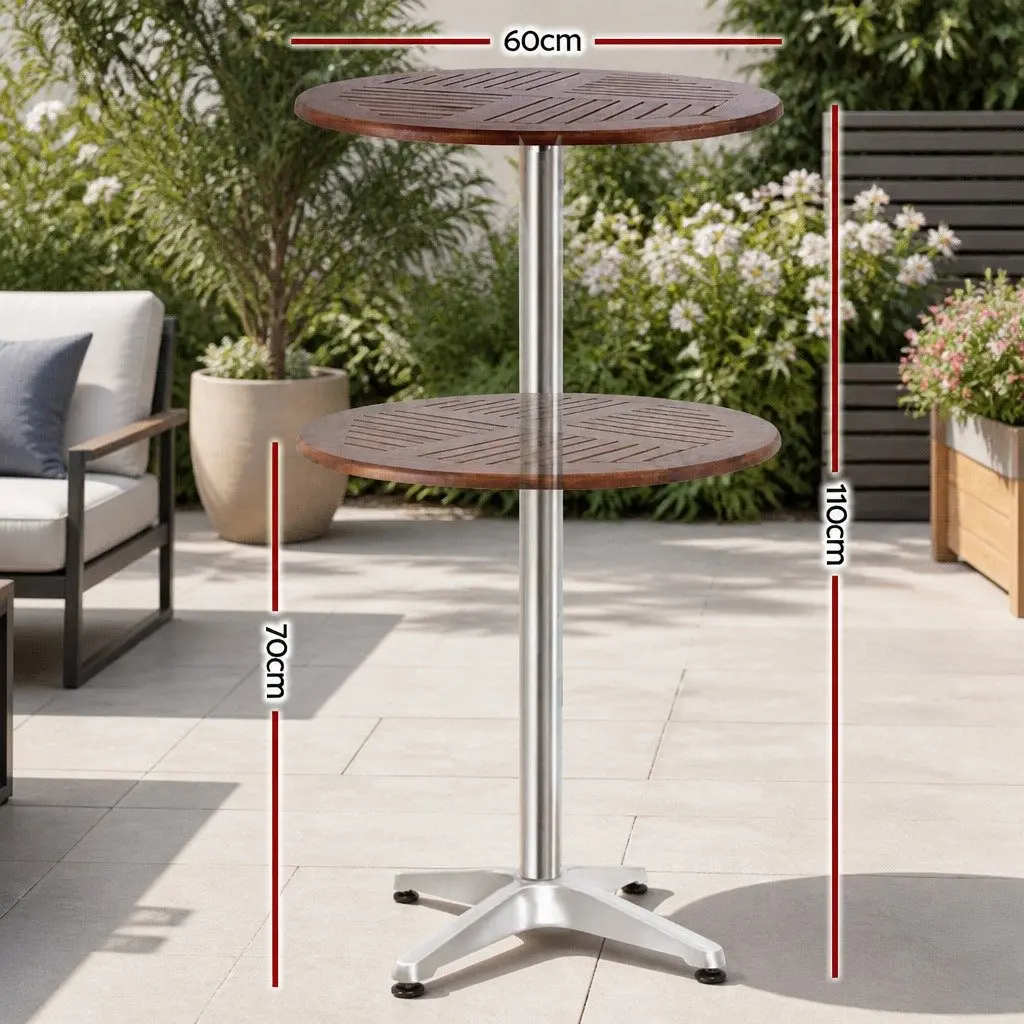 Outdoor Bar Table Silver Round Hardwood Top Adjustable Height Foldable Aluminium Pole