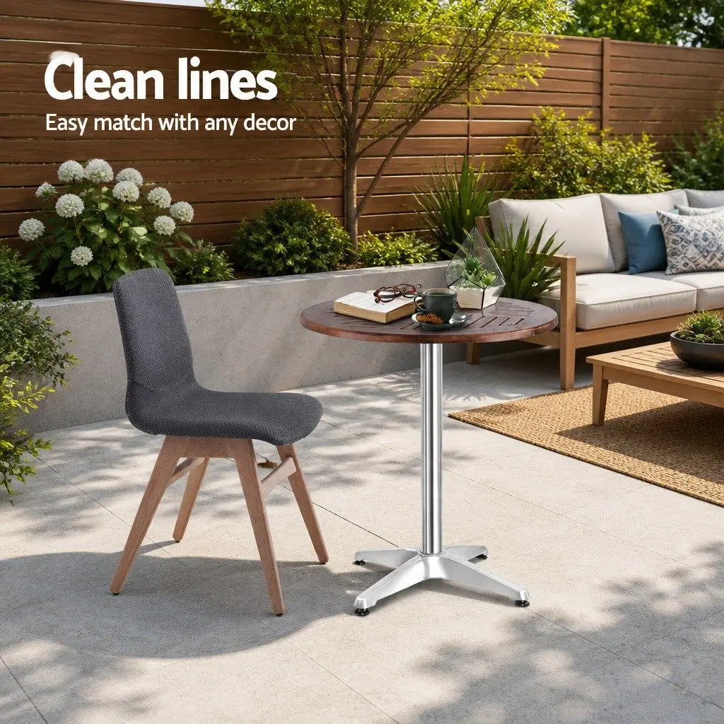 Outdoor Bar Table Silver Round Hardwood Top Adjustable Height Foldable Aluminium Pole