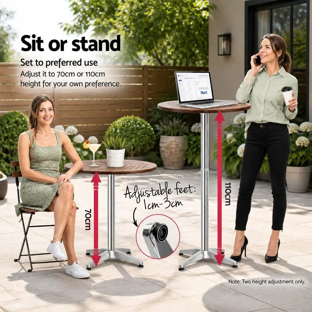 Outdoor Bar Table Silver Round Hardwood Top Adjustable Height Foldable Aluminium Pole