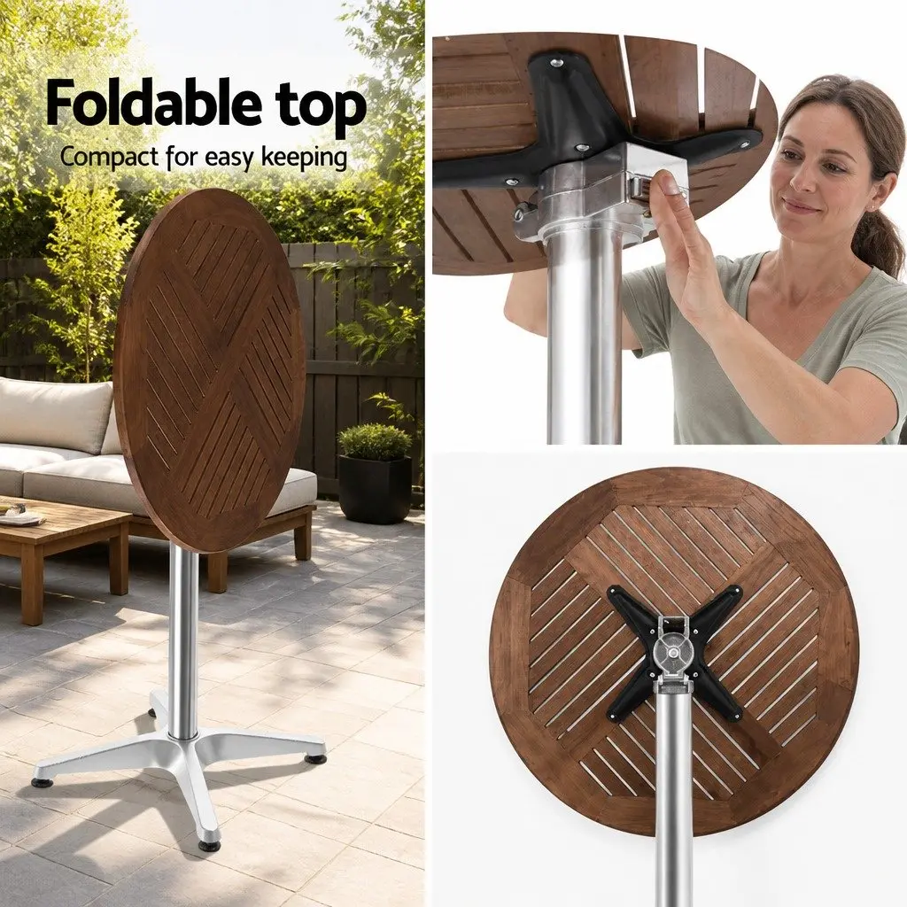 Outdoor Bar Table Silver Round Hardwood Top Adjustable Height Foldable Aluminium Pole