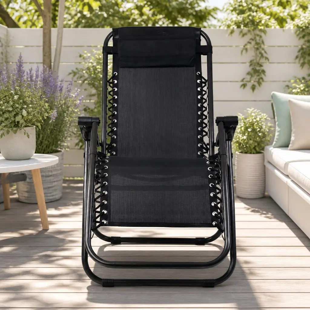 Zero Gravity Reclining Chair Black Adjustable Folding Outdoor Lounge 2PC