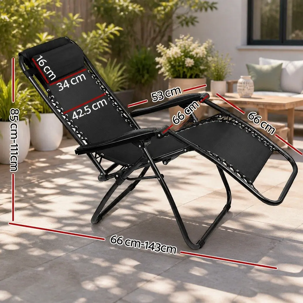 Zero Gravity Reclining Chair Black Adjustable Folding Outdoor Lounge 2PC