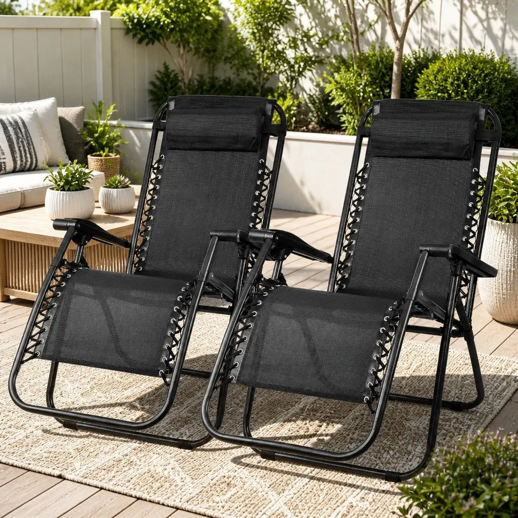 Zero Gravity Reclining Chair Black Adjustable Folding Outdoor Lounge 2PC
