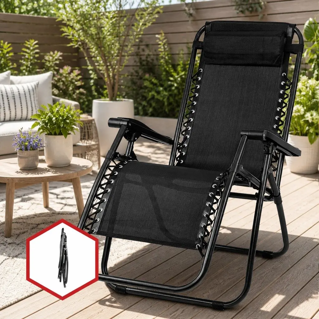 Zero Gravity Reclining Chair Black Adjustable Folding Outdoor Lounge 2PC