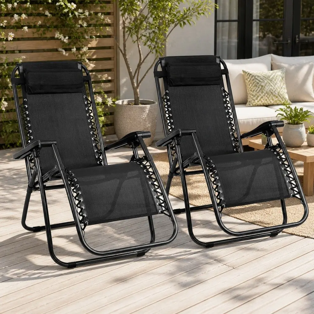 Zero Gravity Reclining Chair Black Adjustable Folding Outdoor Lounge 2PC