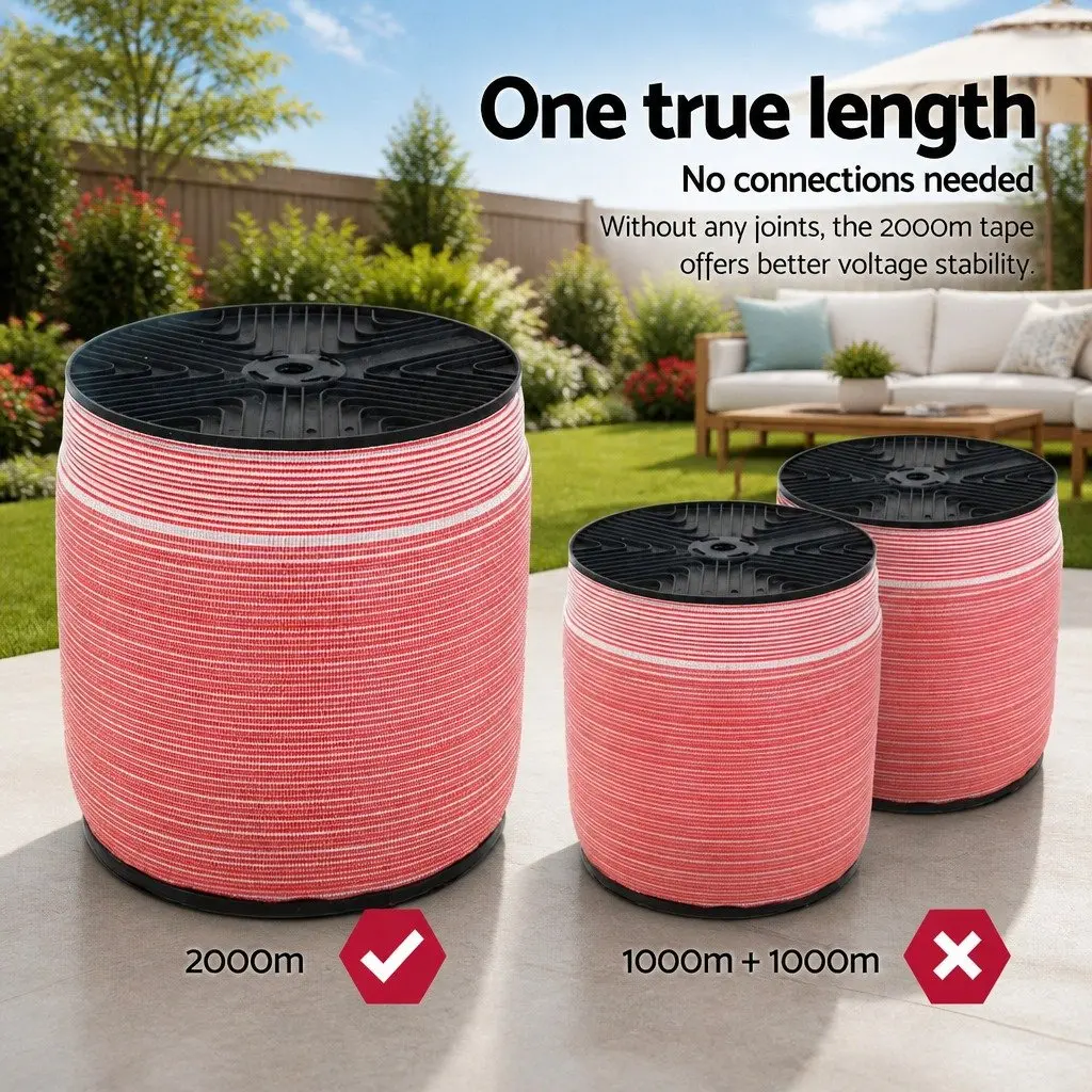 Electric Fence Poly Tape Red White 2000M 12mm Highly Visible Durable Livestock Horse Fencing Roll