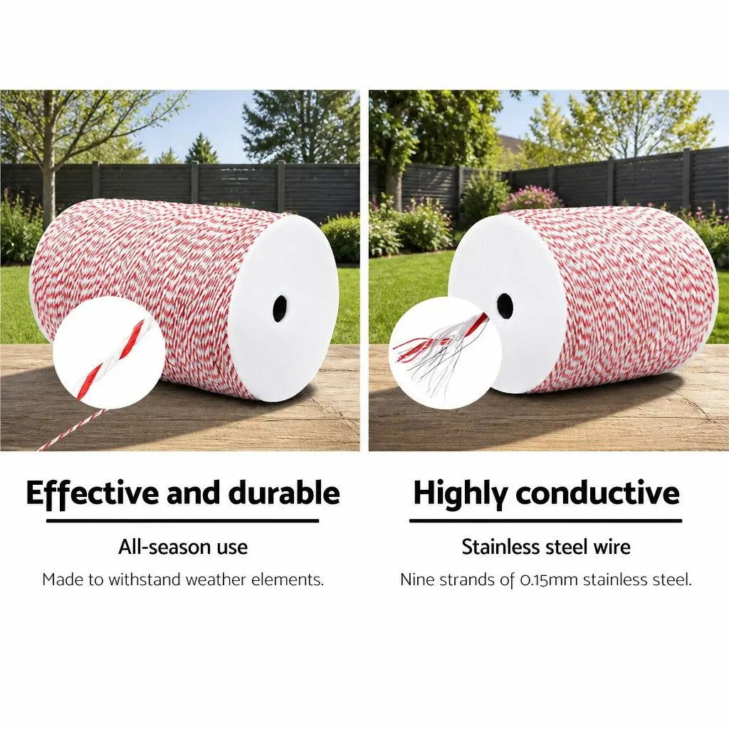 Electric Fence Polywire Red White 1000M High Visibility Durable Livestock Pet Containment Fencing Wire